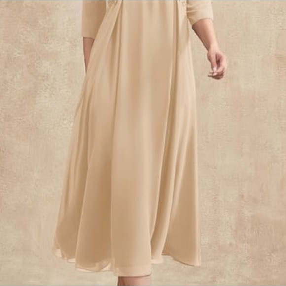 A line V Neck Tea-Length Chiffon Lace Dress With Beading Size 12 Champagne - Picture 7 of 9